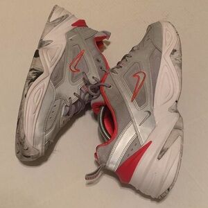 Nike M2K Tekno metallic grey and red/hot pinkish chunky reflective sneakers